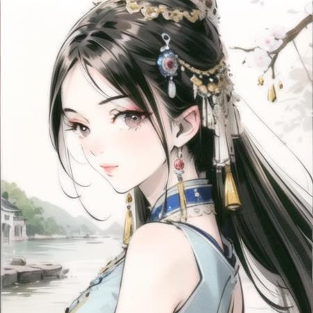 00858-665411304-gufeng style, 1girl, black hair, long hair, hair ornament, looking at viewer, jewelry, solo, from side, upper body.png